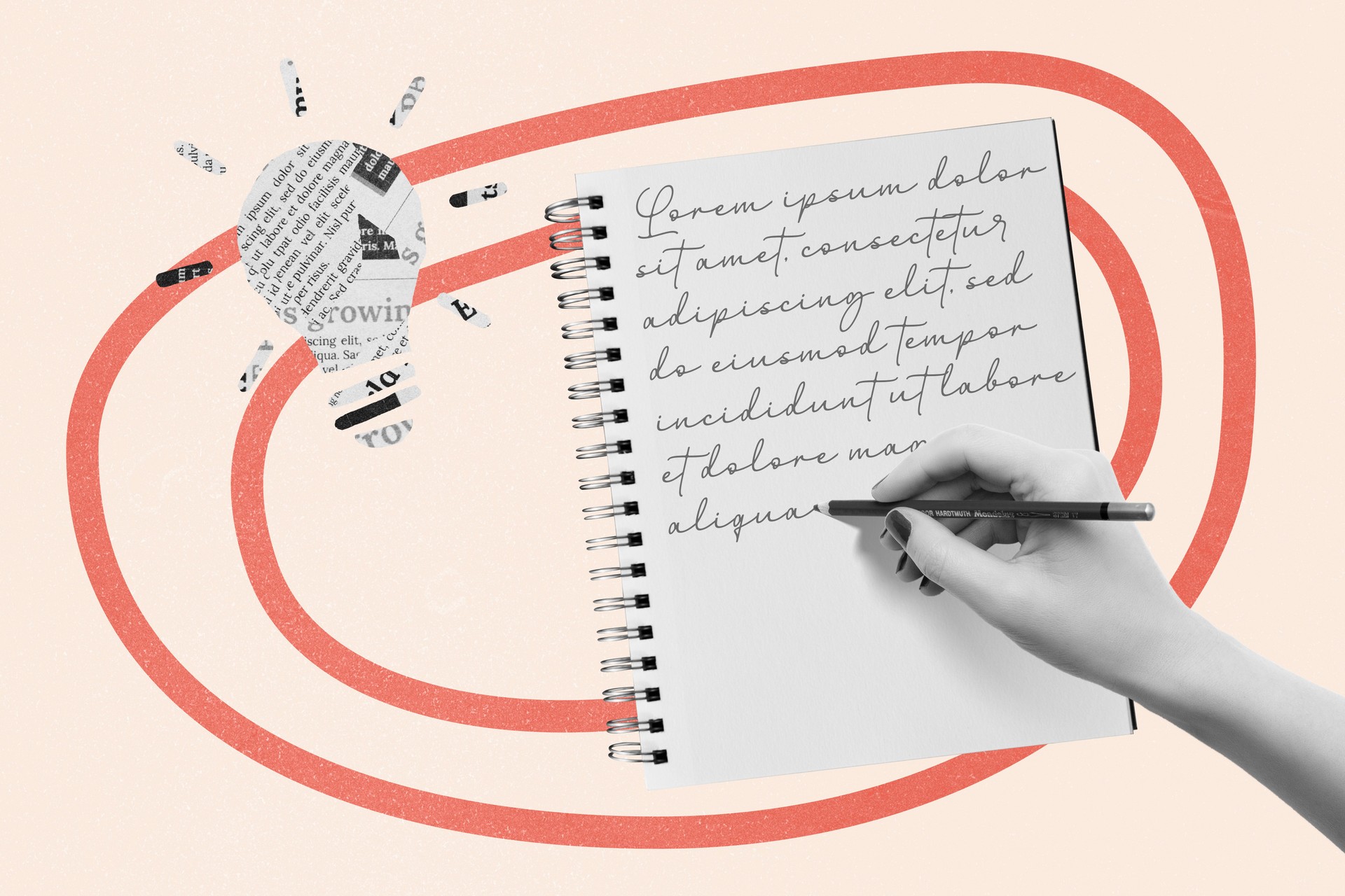 Handwriting in a notebook with paper lightbulb symbolizing a writing idea or inspiration