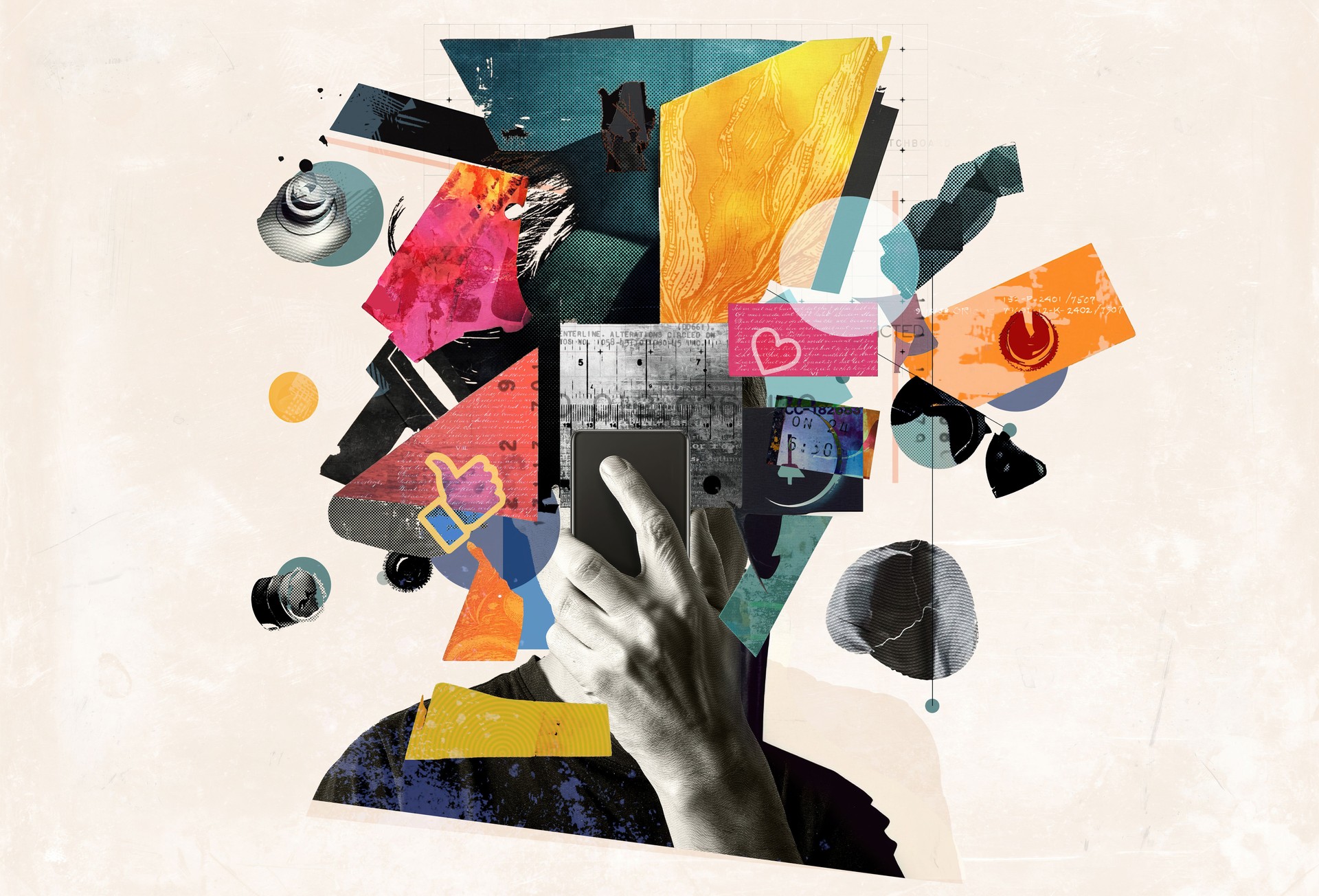 Digital overload and its impact on the human brain, showcasing fragmented thoughts, information overload